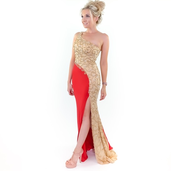 Red Illusion Beaded One Shoulder Evening Gown - Picture 5 of 8